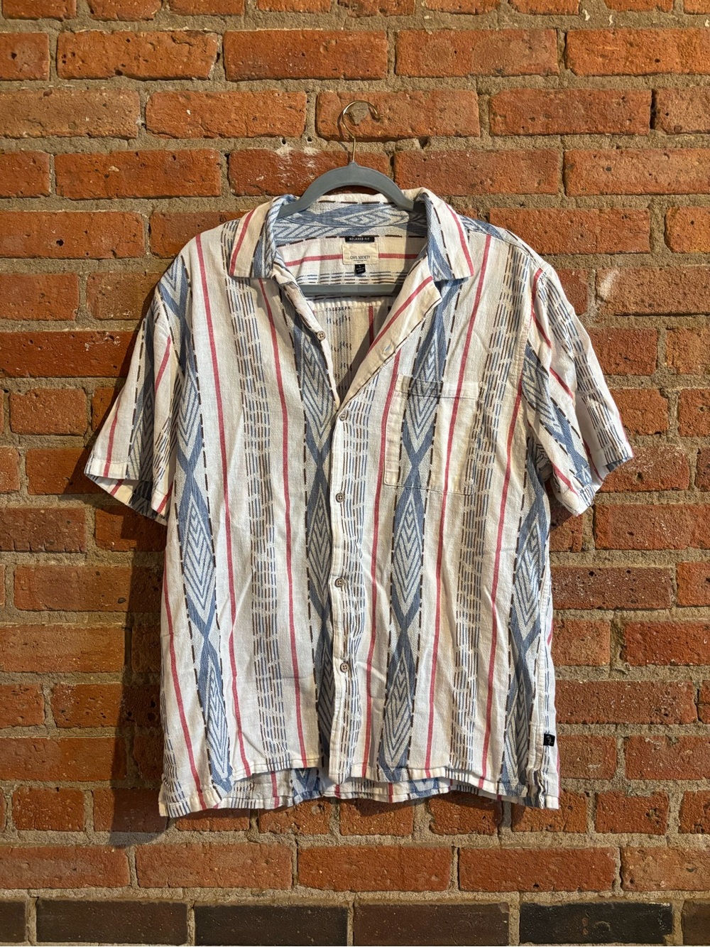 Relaxed Short-Sleeve Button-Down Shirt in White, Blue & Red
